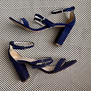 Nine West Amadio Blue Suede Open Toe Ankle Strap Block Heels Womens Shoes Sz 7.5